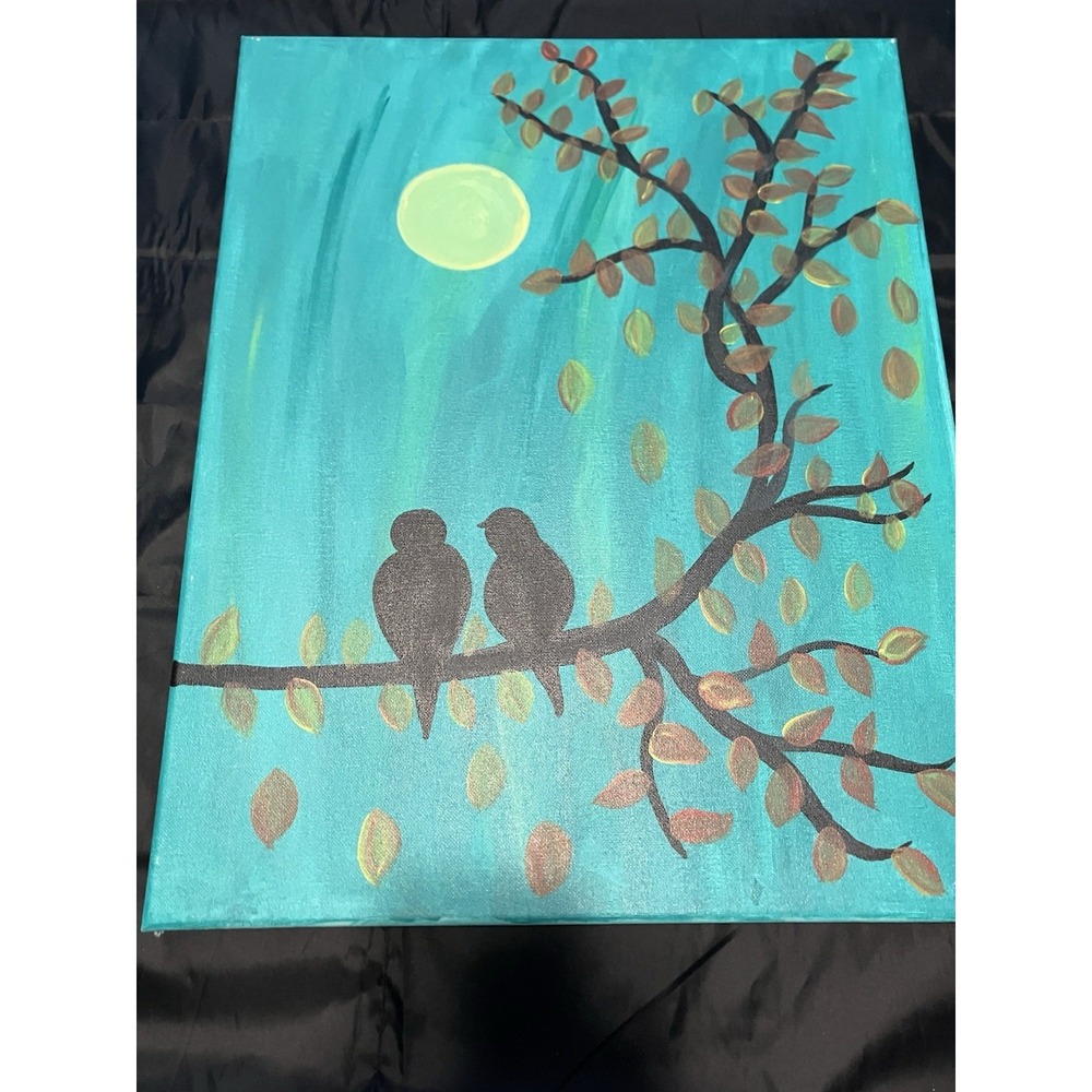 Acrylic Painting Original Lovebird Silhouette Perched Branch Full Moon Teal